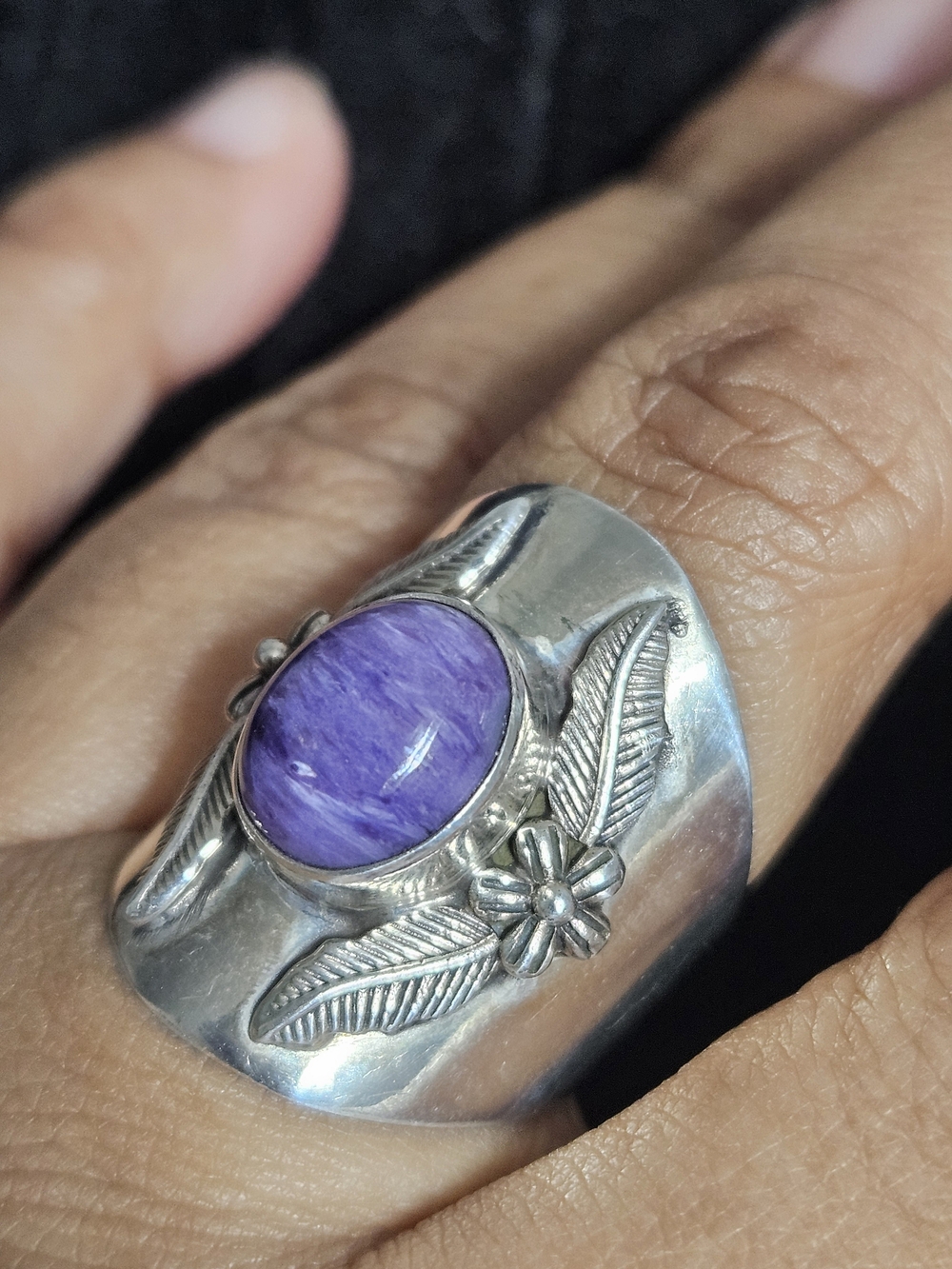 925S Charoite Stone Floral Ring - Women Jewelry